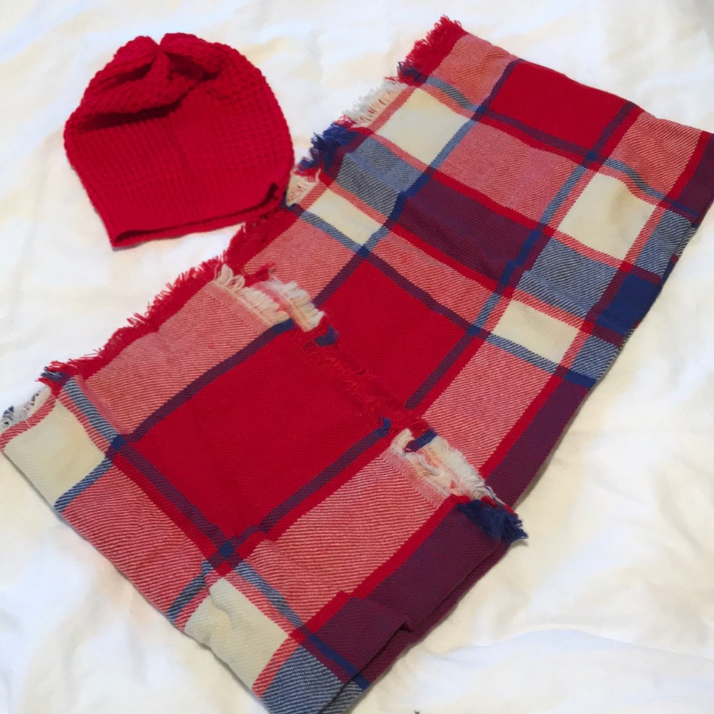 Plaid blanket scarf and red knit beanie